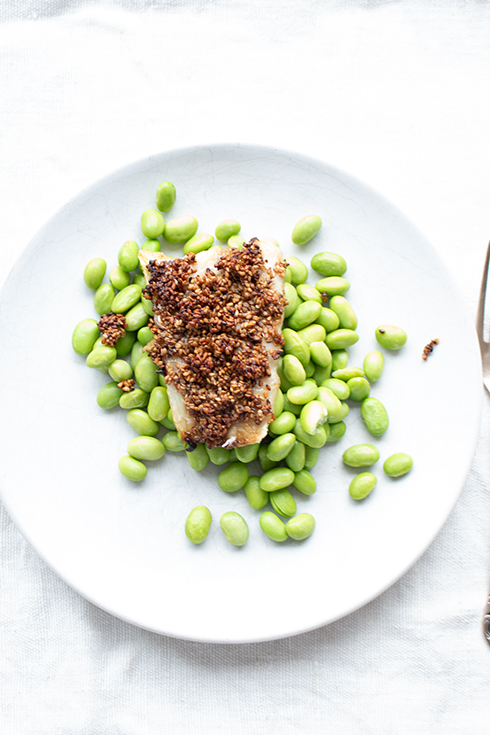 Seehechtfilet mit Sesamkruste auf Edamame