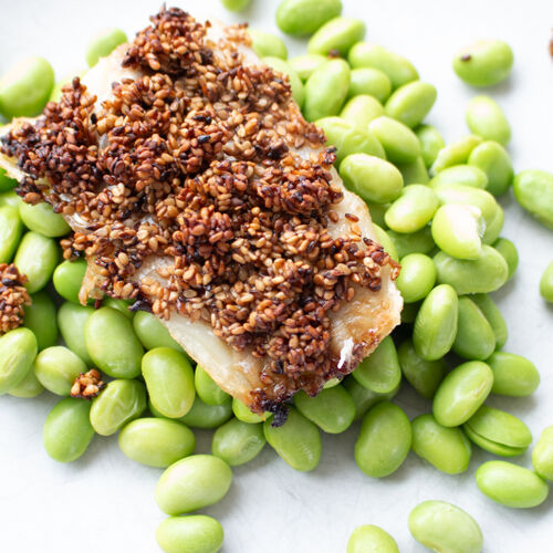 Seehechtfilet mit Sesamkruste auf Edamame